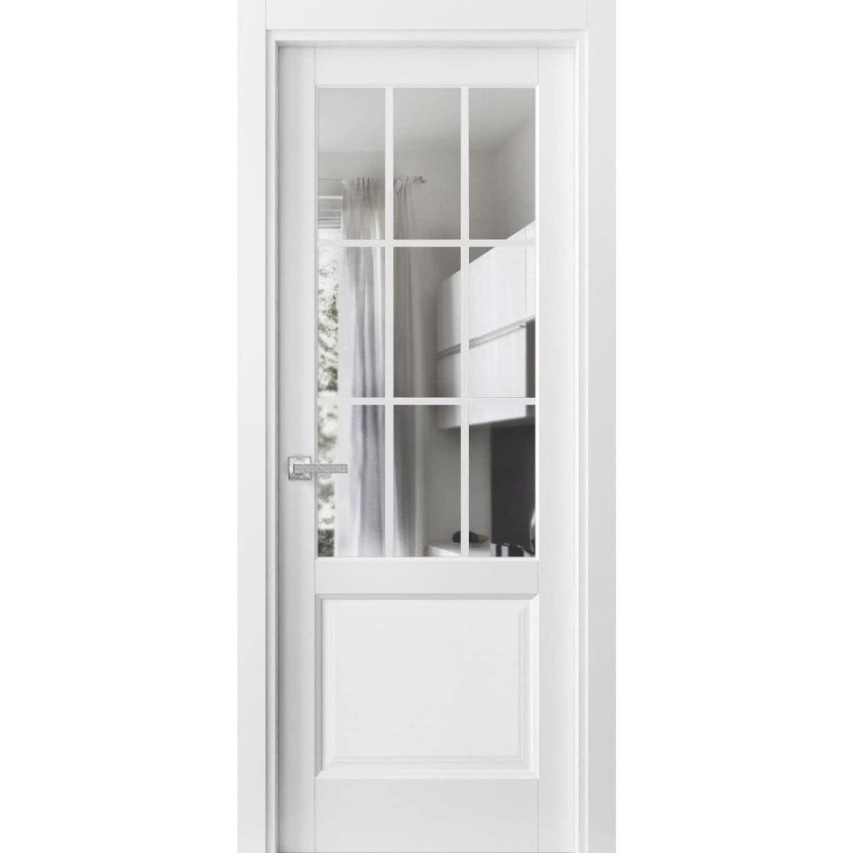 Solid Interior French Pre-Hung Door | Felicia 3599 White Silk with Clear Glass | Single Regular Panel Frame Trims Handle | Bathroom Bedroom Sturdy Doors -36" x 84"