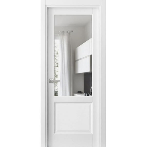 Solid Interior French | Lucia 1533 White Silk with Clear Glass | Single Regular Panel Frame Trims Handle | Bathroom Bedroom Sturdy Doors-24" x 96"