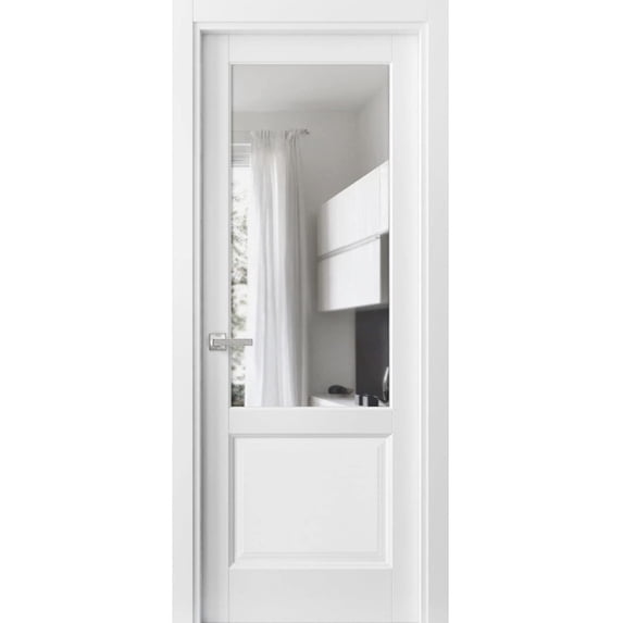 Solid Interior French | Lucia 1533 White Silk with Clear Glass | Single Regular Panel Frame Trims Handle | Bathroom Bedroom Sturdy Doors-30" x 84"
