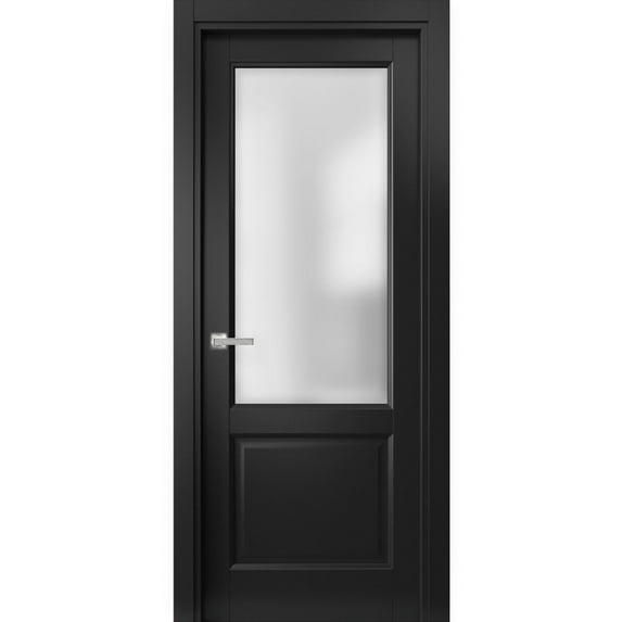 Solid Interior French Pre-Hung Door 36 x 84 inches | Lucia 22 Matte Black with Rain Glass | Single Regular Panel Frame Trims Handle | Bathroom Bedroom Sturdy Doors
