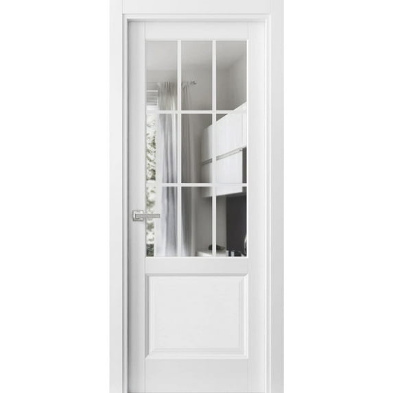 Solid Interior French Pre-Hung Door | Felicia 3599 White Silk with Clear Glass | Single Regular Panel Frame Trims Handle | Bathroom Bedroom Sturdy Doors -18" x 84"