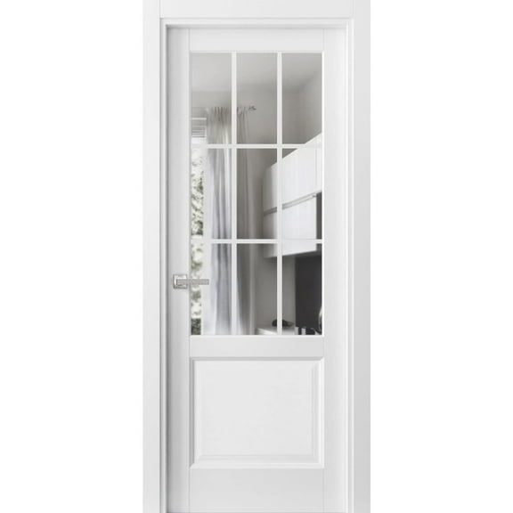 Solid Interior French Pre-Hung Door | Felicia 3599 White Silk with Clear Glass | Single Regular Panel Frame Trims Handle | Bathroom Bedroom Sturdy Doors -24" x 84"