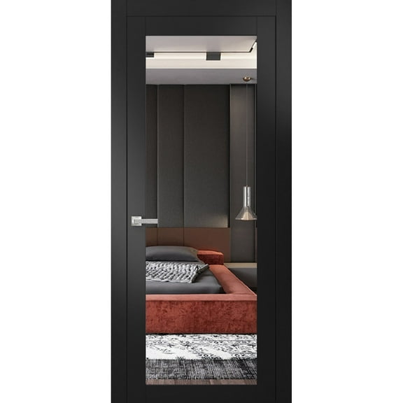 Solid Interior French Pre-Hung Door | Lucia 1299 Matte Black with Mirror | Single Regular Panel Frame Trims Handle | Bathroom Bedroom Sturdy Doors -18" x 84"