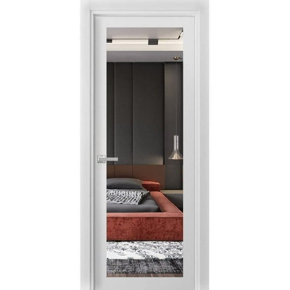 Solid Interior French Pre-Hung Door | Lucia 1299 White Silk with Mirror | Single Regular Panel Frame Trims Handle | Bathroom Bedroom Sturdy Doors -18" x 96"