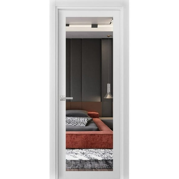 Solid Interior French Pre-Hung Door | Lucia 1299 White Silk with Mirror | Single Regular Panel Frame Trims Handle | Bathroom Bedroom Sturdy Doors -24" x 84"