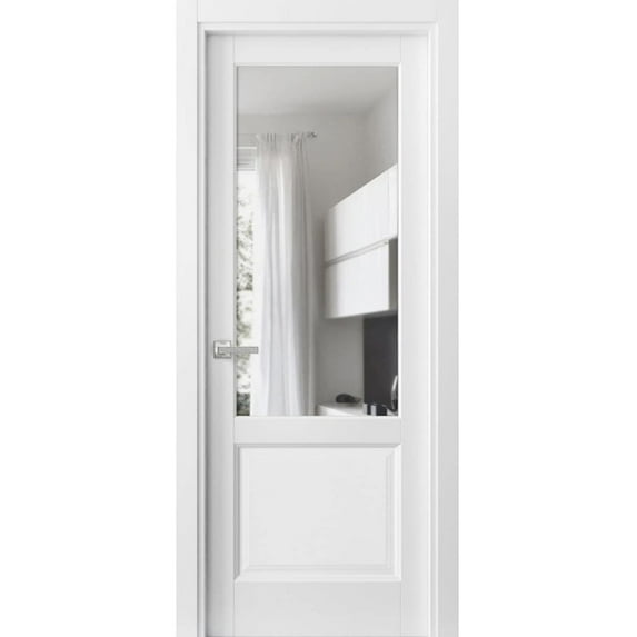 Solid Interior French Pre-Hung Door | Lucia 1533 White Silk with Clear Glass | Single Regular Panel Frame Trims Handle | Bathroom Bedroom Sturdy Doors-28" x 96"