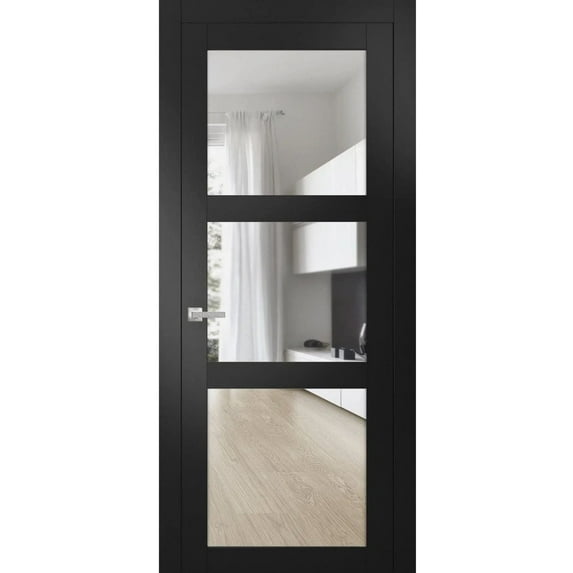Solid Interior French Pre-Hung Door | Lucia 2555 Matte Black with Clear Glass | Single Regular Panel Frame Trims Handle | Bathroom Bedroom Sturdy Doors -32" x 80"