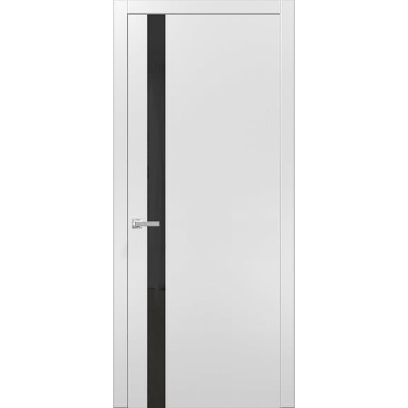 Solid Interior French Pre-Hung Door | Planum 0040 White Silk with Black Glass | Single Regular Panel Frame Trims Handle | Bathroom Bedroom Sturdy Doors -24" x 96"