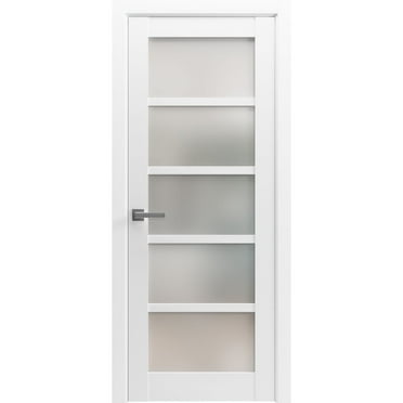 Solid Interior French Pre-Hung Door | Quadro 4002 White Silk with Frosted Glass | Single Regular Panel Frame Trims Handle | Bathroom Bedroom Sturdy Doors -18" x 84"-Frosted