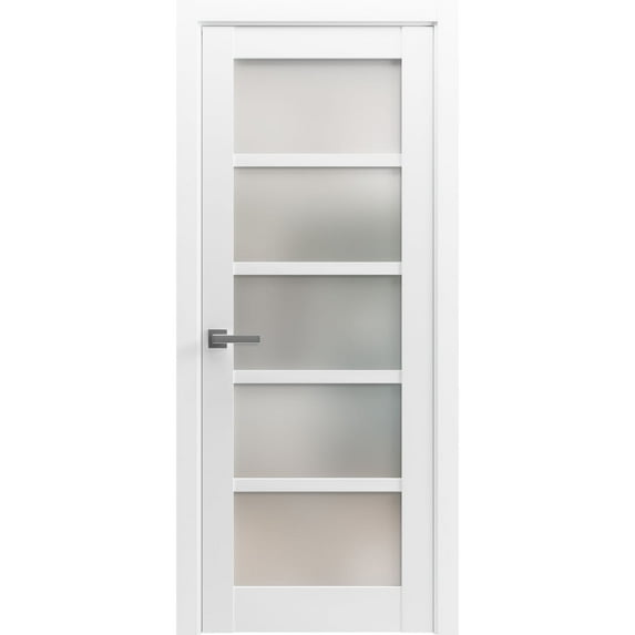 Solid Interior French Pre-Hung Door | Quadro 4002 White Silk with Frosted Glass | Single Regular Panel Frame Trims Handle | Bathroom Bedroom Sturdy Doors -42" x 96"-Frosted
