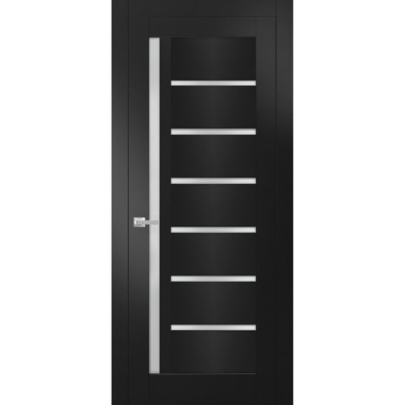 Solid Interior French Pre-Hung Door | Quadro 4088 Matte Black with Frosted Glass | Single Regular Panel Frame Trims Handle | Bathroom Bedroom Sturdy Doors -32" x 96"