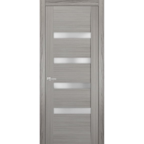 Solid Interior French Pre-Hung Door | Quadro 4113 Grey Ash with Frosted Glass | Single Regular Panel Frame Trims Handle | Bathroom Bedroom Sturdy Doors -30" x 84"