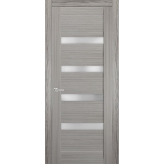 Solid Interior French Pre-Hung Door | Quadro 4113 Grey Ash with Frosted Glass | Single Regular Panel Frame Trims Handle | Bathroom Bedroom Sturdy Doors -36" x 80"