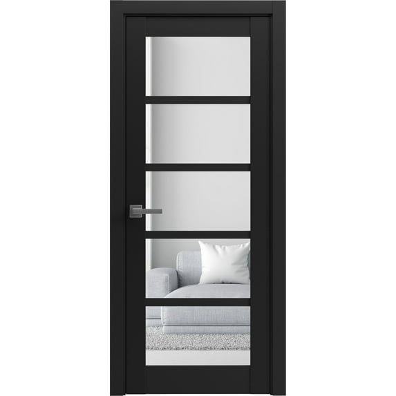 Solid Interior French Pre-Hung Door | Quadro 4522 Matte Black with Clear Glass | Single Regular Panel Frame Trims Handle | Bathroom Bedroom Sturdy Doors -18" x 80"