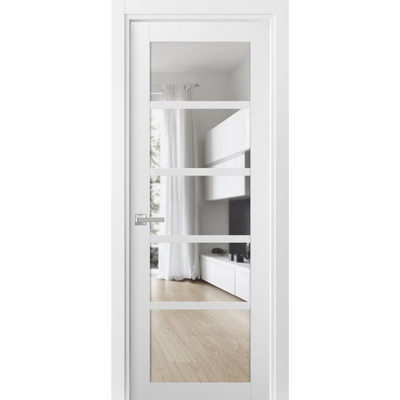 Solid Interior French Pre-Hung Door | Quadro 4522 White Silk with Clear Glass | Single Regular Panel Frame Trims Handle | Bathroom Bedroom Sturdy Doors -30" x 80"
