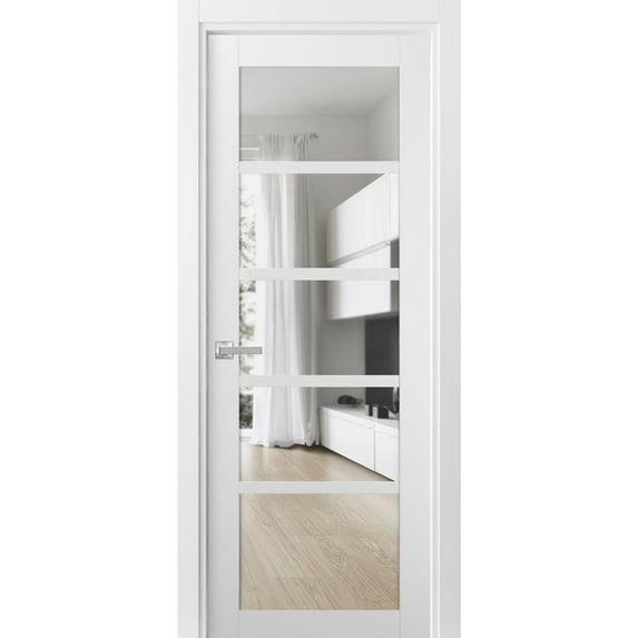 Solid Interior French Pre-Hung Door | Quadro 4522 White Silk with Clear Glass | Single Regular Panel Frame Trims Handle | Bathroom Bedroom Sturdy Doors -42" x 84"