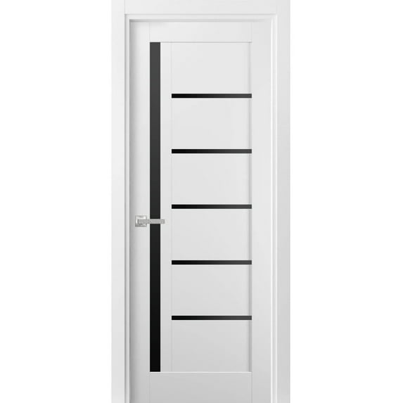 Solid Interior French Pre-Hung Door | Quadro 4588 White Silk with Black Glass | Single Regular Panel Frame Trims Handle | Bathroom Bedroom Sturdy Doors -18" x 84"-Black Glass