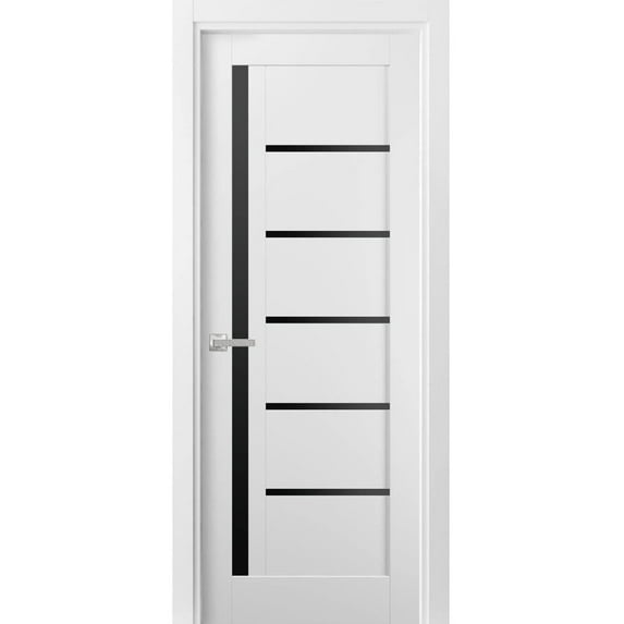 Solid Interior French Pre-Hung Door | Quadro 4588 White Silk with Black Glass | Single Regular Panel Frame Trims Handle | Bathroom Bedroom Sturdy Doors -32" x 80"-Black Glass