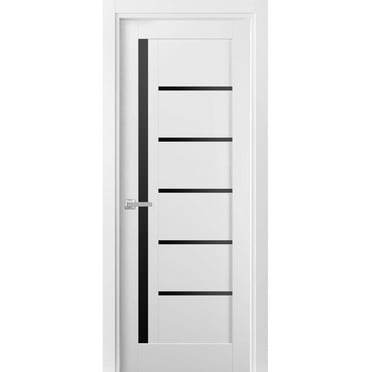 Solid Interior French | Quadro 4588 White Silk with Black Glass | Single Regular Panel Frame Trims Handle | Bathroom Bedroom Sturdy Doors -36" x 84"-Black Glass