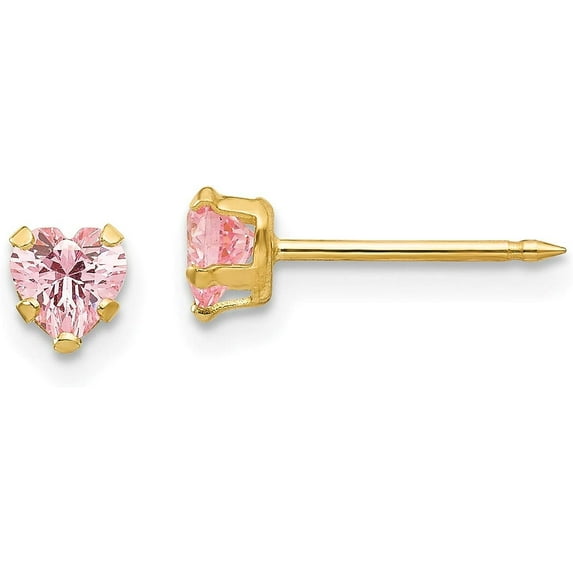 Solid Inverness 14k Yellow Gold 4.2mm Pink Heart CZ Earrings - 4mm