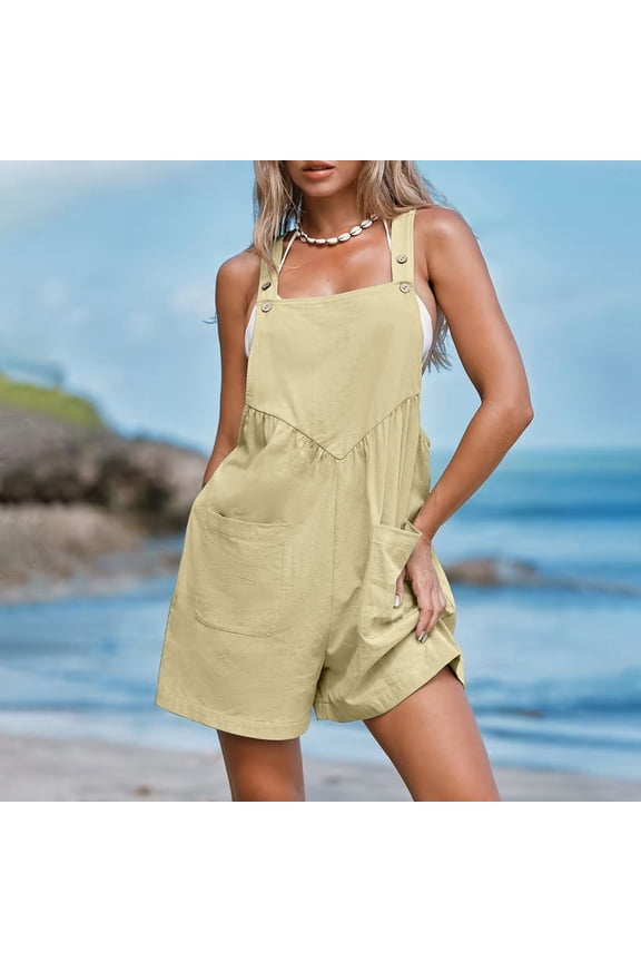 Solid Jumpsuits Shorts for Women Casual Summer Sleeveless Rompers Loose Strap Baggy Overalls Jumpers with Pockets 2025