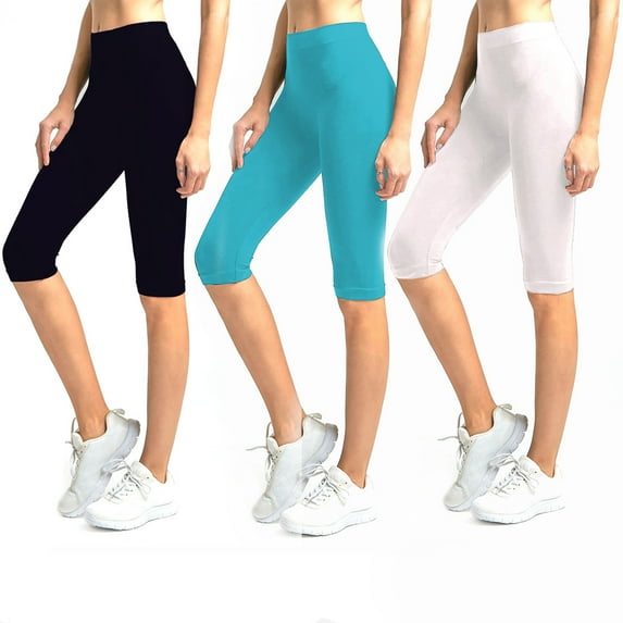 Solid Knee Length Short Spandex Yoga Leggings 3 Pack (Black, Aqua, White)