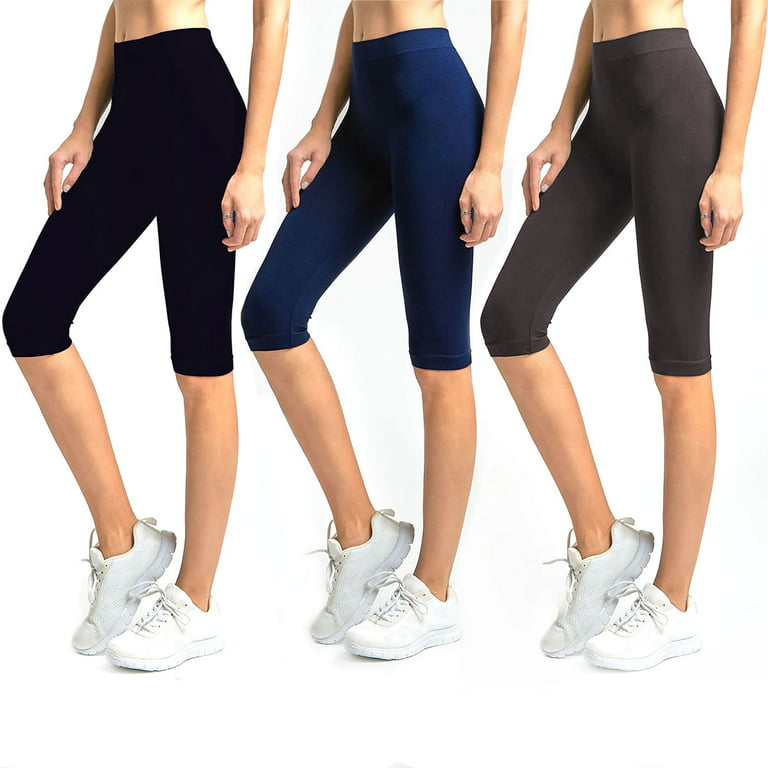 Solid Knee Length Short Spandex Yoga Leggings 3 Pack (Black, Navy, Charcoal)