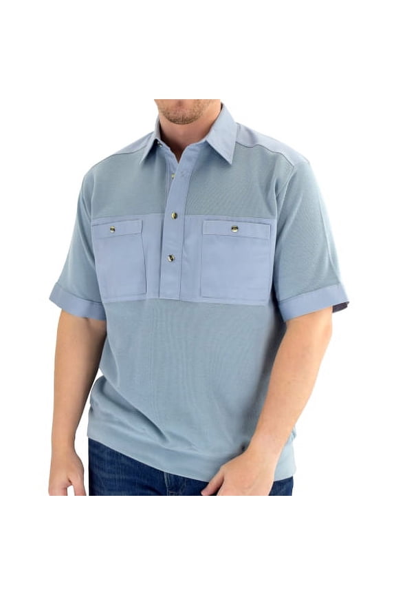 Solid Knit Banded Bottom Shirt Woven Chest Panel with Two Pockets