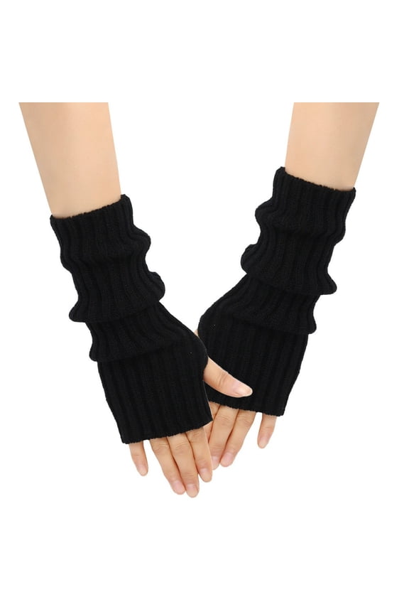 Solid Knit Fingerless Mittens Touchscreen Texting Handwear Warm Winter Gloves For Cold Weather Outdoor Activities Black,One Size