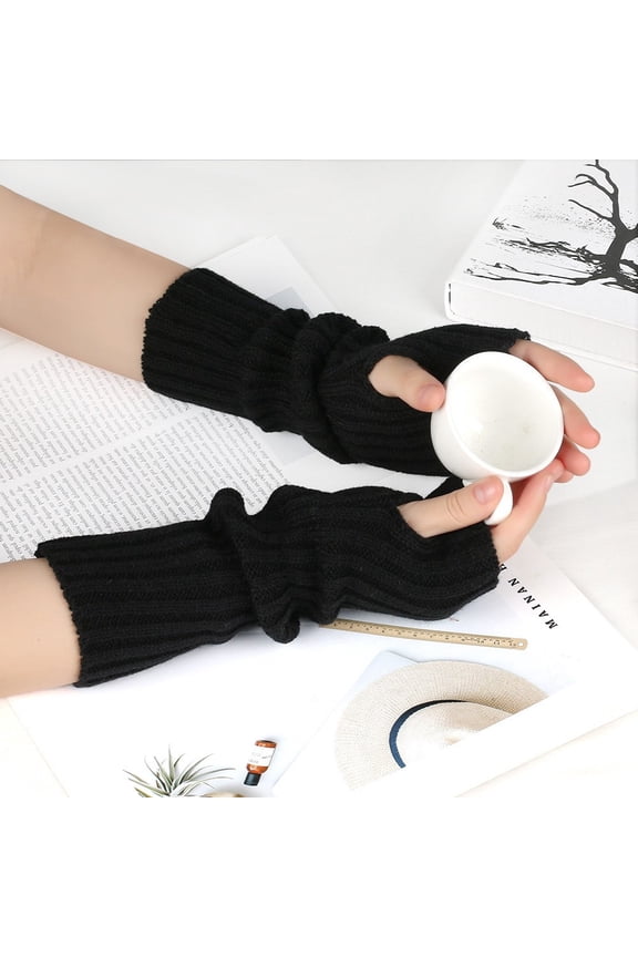 Solid Knit Fingerless Mittens for Everyday Casual Winter Wear with Texting Touchscreen and Warm Hand Coverage, Black