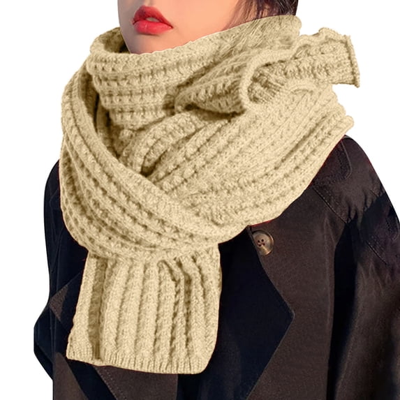 Solid Knitted Wool Scarf, Winter Warm Neck Wrap, Casual Fashion Shawl, Women Thick Soft Cold Resistant Neck Accessory for Commute Outdoor Gathering Leisure Fashion Scarf,Beige