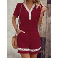 thumbnail image 1 of Solid Lace Patchwork 2 Piece Outfit, Women Summer Short Sleeve Top & Shorts Set, 1 of 7
