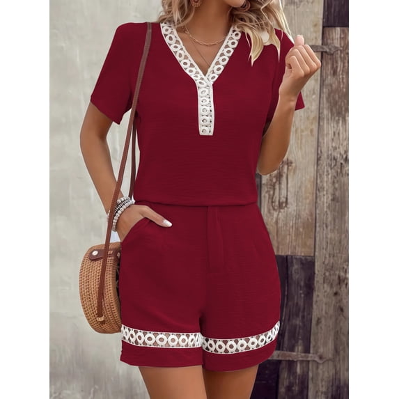 Solid Lace Patchwork 2 Piece Outfit, Women Summer Short Sleeve Top & Shorts Set