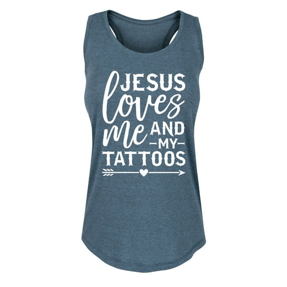 Solid Light - Jesus Loves Me And My Tattoos - Women's Racerback Tank