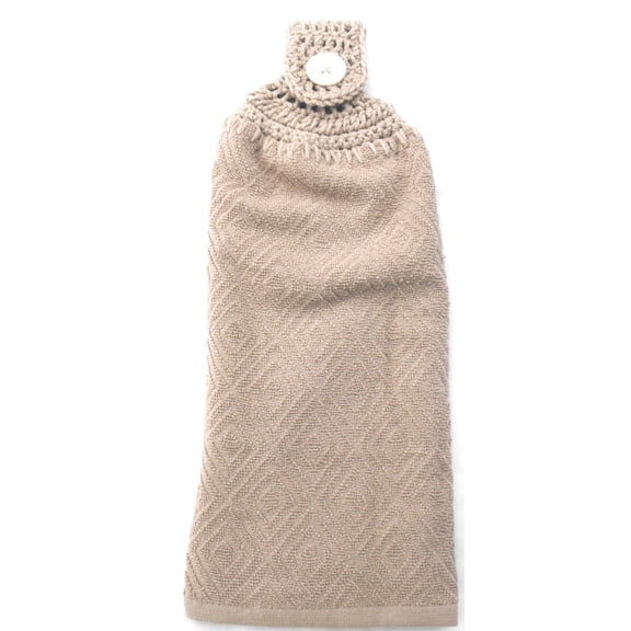 Solid Light Tan Terry Cloth Crochet TOP Hanging Kitchen Towel - Double Thick/Full Towel