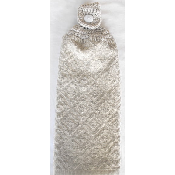Solid Light Taupe Terry Cloth Crochet TOP Hanging Kitchen Towel - Double Thick/Full Towel