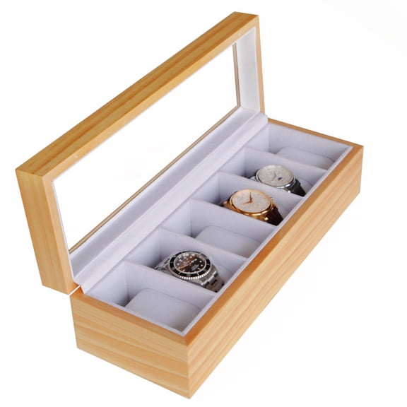 Solid Light Wood Unisex Watch Box Organizer with Glass Display Top by Case Elegance