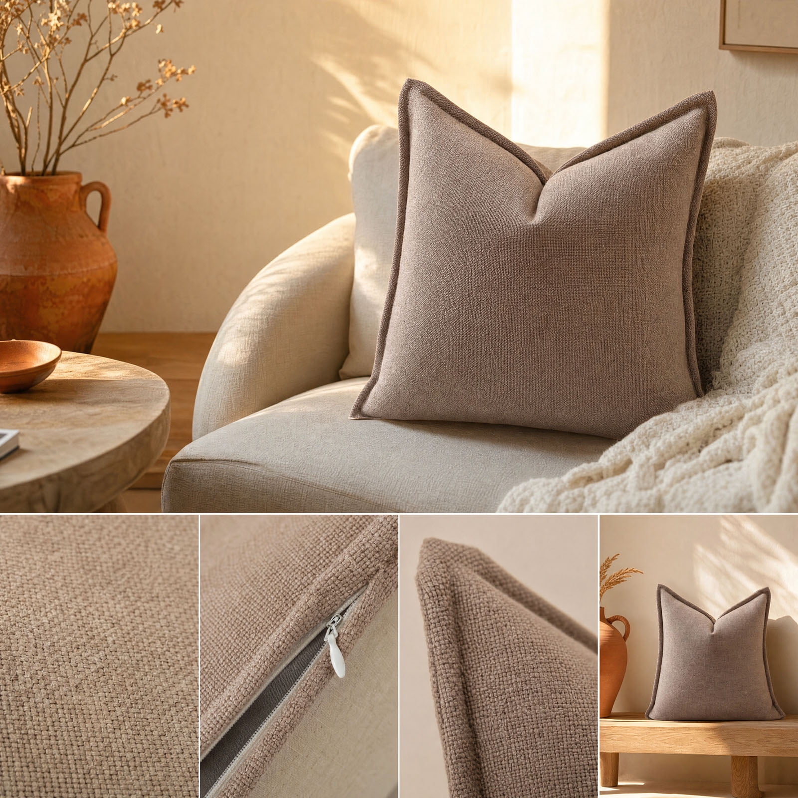 Throws Texture Solid Linen Textured Throw Pillow Covers with Piped Edges, Hidden ...