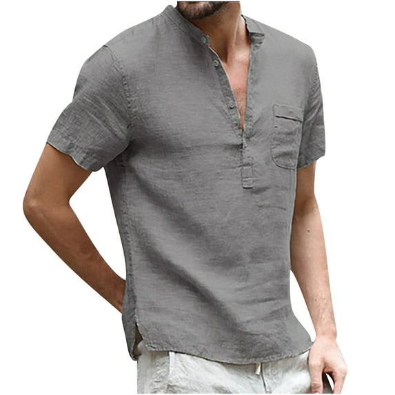 Solid Linen Tshirts for Men Summer Casual Short Sleeve Henley T-Shirts Retro Button Up Plain V Neck Beach Shirts