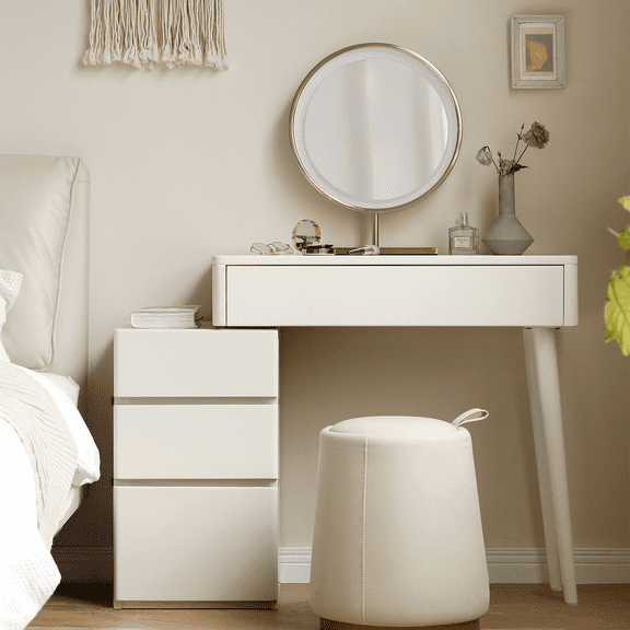 Solid Liriodendron Wood Vanity Table with Stool  White Natural Grain Dresser Desk, Storage Drawers & No Mirror Included