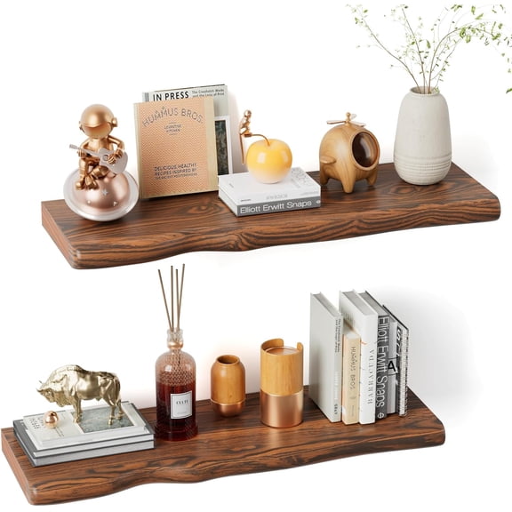 Solid Live Edge Floating Shelves Set of 2  24" Rustic Wall Shelf with Hidden Bracket System, Wall Mounted Shelves for Bathroom, Kitchen, Living Room, Bedroom (Classic Walnut)