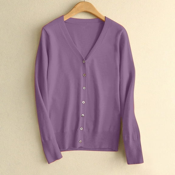 Solid Long Sleeve Classic V Neck Knit Cardigan Sweater, Purple 2XL, Size M-2XL