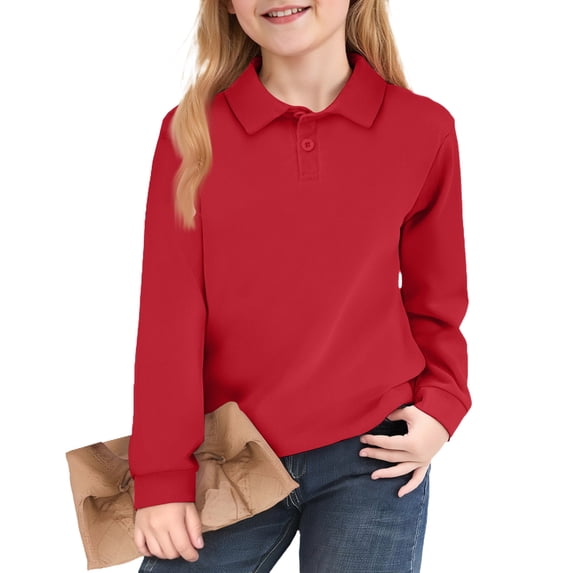 Solid Long Sleeve Polo Shirts for Kids Button Collar Breathable Spring Casual Tops School Uniform T Shirts for Toddler to Youth,4-5Y,Red