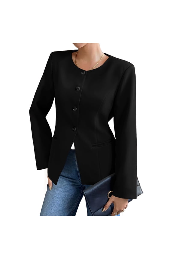 Solid Long Sleeveless Women Slim Fit Crew Neck Work Office Blazer Coat