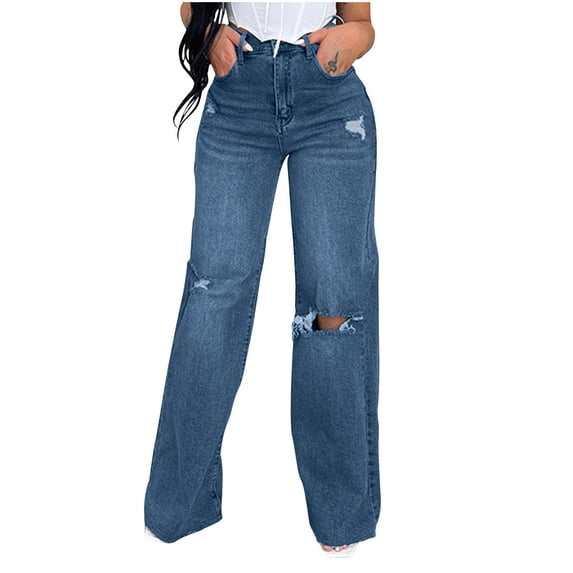 Solid Loose High Waisted Wide Leg Jeans With Pocket For Women Casual Trousers