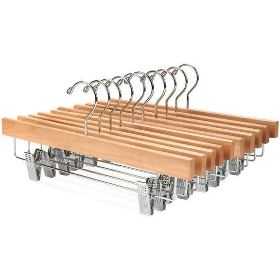 Solid Lotus Wood Deluxe Wooden Pants Hangers Bottom Hanger Jeans Hanger Skirt Hanger with 2-Adjustable Clips Anti-Rust Hook Pack of 10 (Natural)