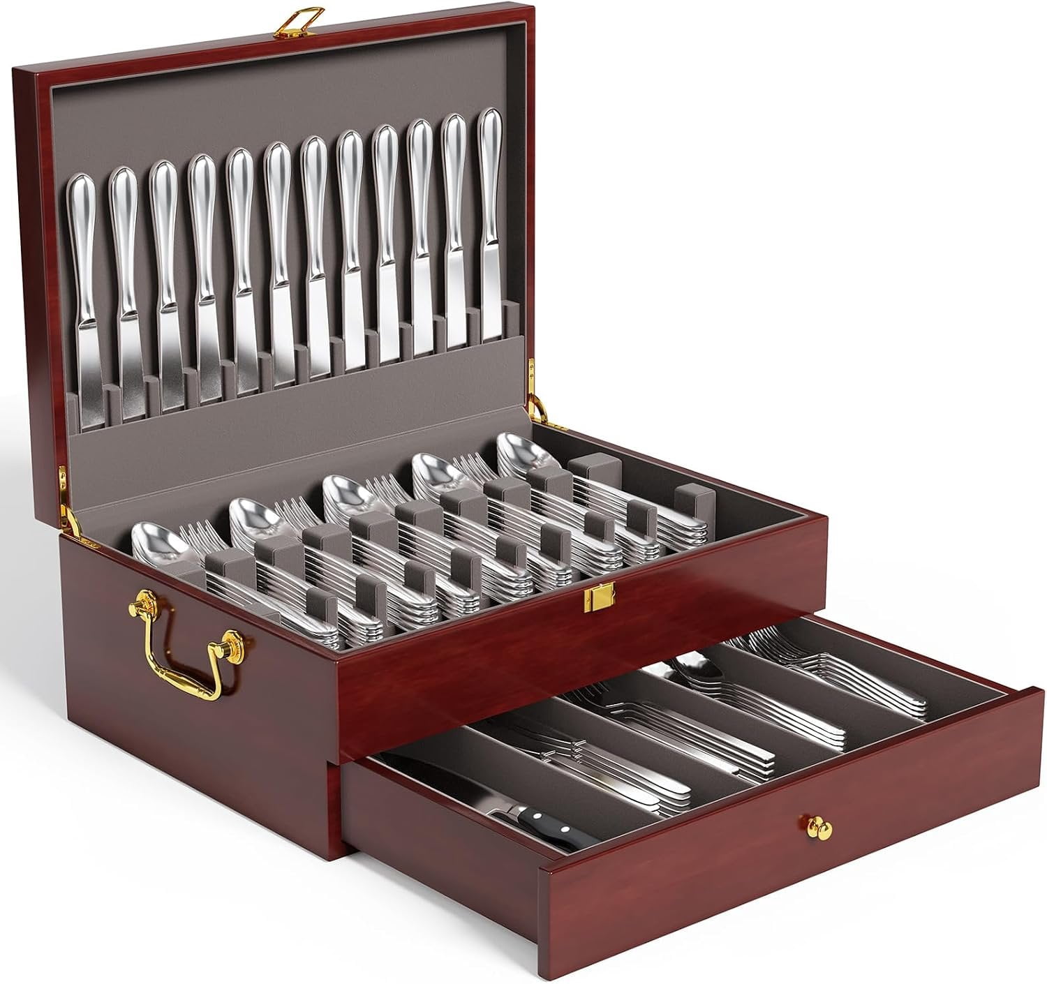Solid Mahogany Silverware Storage Box,2-Layer Silverware Chest with ...