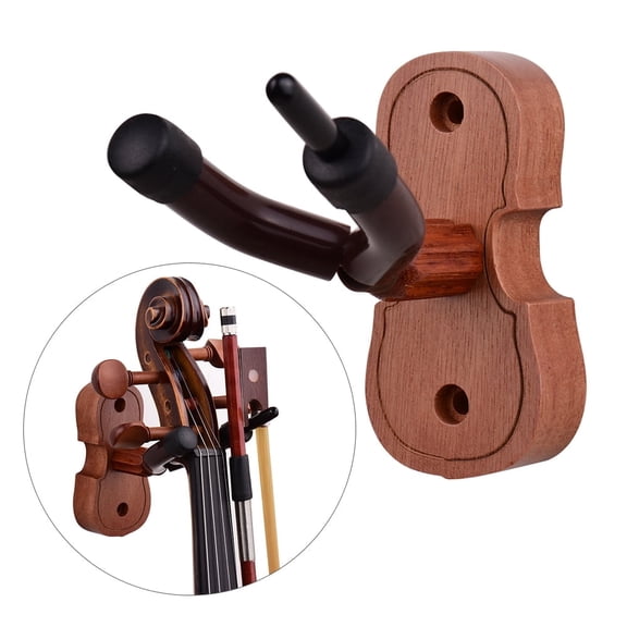 Solid Mahogany Wood Wall Mount Violin Hanger with Bow Holder, Soft Silicone Anti-Scratch Padding String Instrument Hook for Home Studio Display