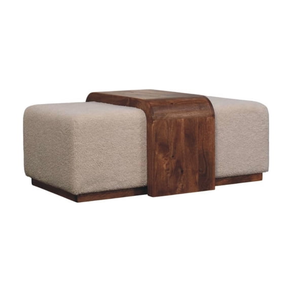 Solid Mango Wood Arden Duo Boucle Upholstered Split Bench Honey Caramel Warm Brown Finish Handcrafted Customizable Dual Seat Accent Bench for Bedroom Living Room Entryway