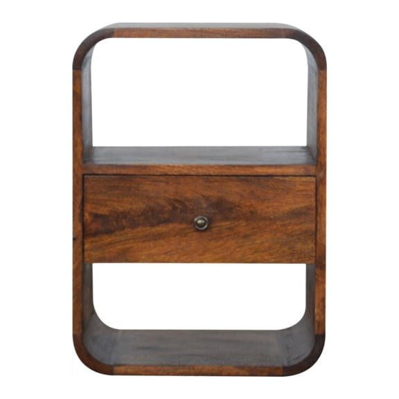 Solid Mango Wood Chestnut Finish / Nightstand with 1 Drawer and 2 Open Slots for Bedroom Storage